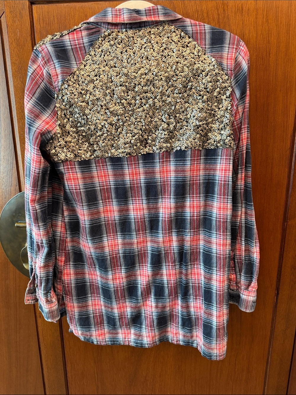 Free People Red & Black Plaid Sequin-Back Button Shirt Size Small